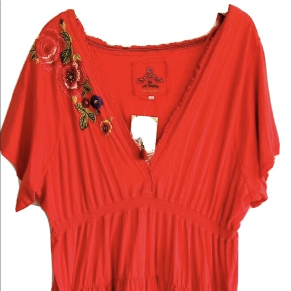 Johnny Was Red Dress Plus 3X Beautiful Embroidery Sexy Midi Dress EUC - Picture 12 of 12